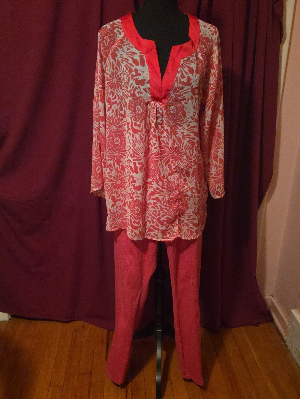 Diane Gilman Pink Floral Sleep Tunic with Pink Pants
